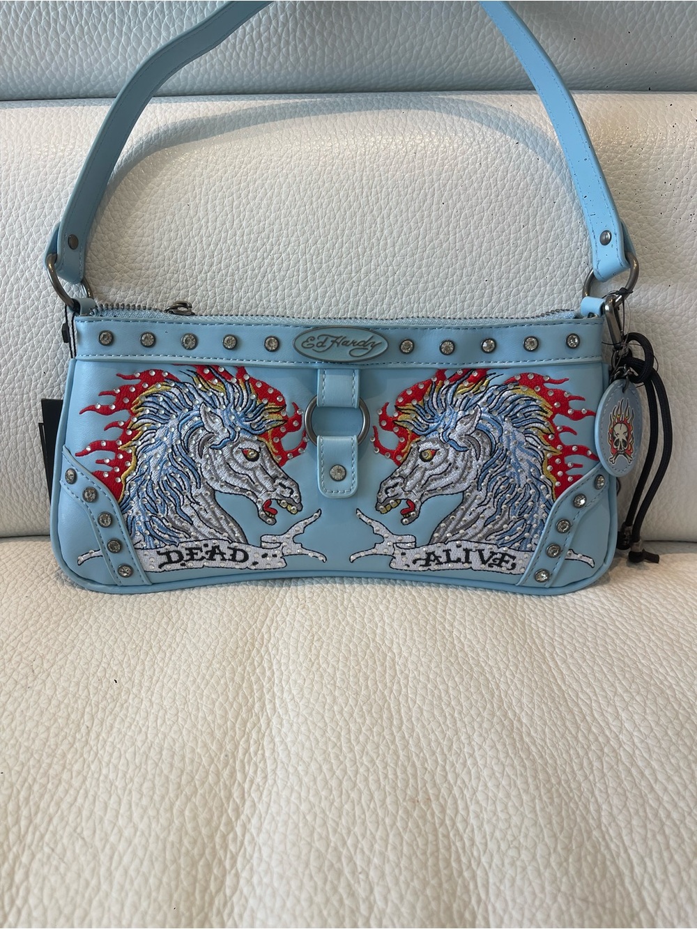 RARE Y2K Ed Hardy Baby Blue Rhinestone Horse Shoulder Bag NWT McBling